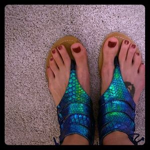 Mermaid gladiator sandals green hologram
